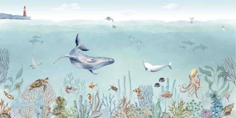 A calm turquoise sea with a whale, a seal and an octopus over a soft reef. Cool and soothing, full of gentle things to find.