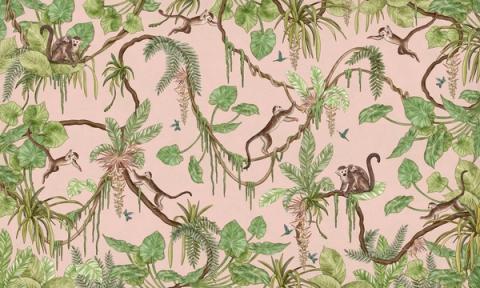 Monkeys swing through hanging vines and palm fronds in a lively all-over design, with flamingos and birds tucked among the leaves. Shown on a dusky pink ground. Busy in the best way, with something new to spot each time.