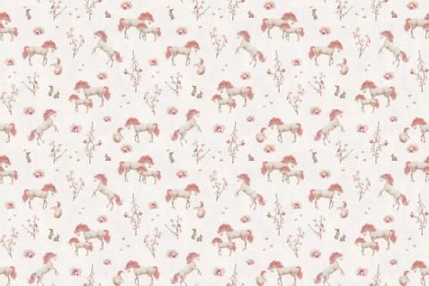 Unicorns among flowers and stars in a gentle design, here on a clean white ground. As a true repeat it tiles to fit any wall, whether as an all-over nursery paper or a single feature panel.
