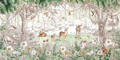 The same woodland friends in fresh spring greens, with new leaves and soft light. Bright and hopeful, made for a lively nursery.