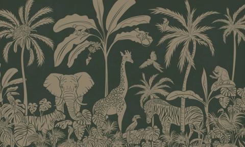Palms, elephants, giraffes and other jungle animals massed into a tonal silhouette, layered from a darker sky down to a light forest floor. Printed in a muted, vintage green. Detailed up close, yet soft enough to sit quietly behind a cot.