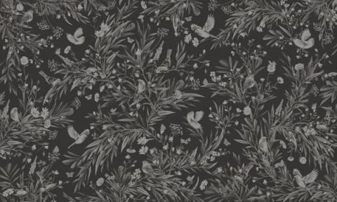 Robins and other small birds rest among ferns and slender foliage, drawn as a soft repeating spray. Shown as a single-tone print in deep near-black. Gentle and green, it suits a nursery that leans natural rather than bright.
