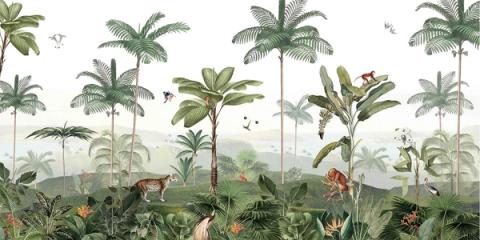 Tall palms rise over a misty tropical valley scattered with animals. Green and hazy, it gives a wall real depth and distance.