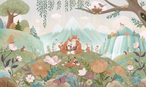 A fox family on a flowering hillside, with a waterfall and pale mountains beyond.