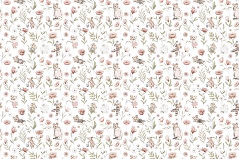 Little mice among flowers and grasses in a sweet, fine design. As a true repeat it tiles to fit any wall, whether as an all-over nursery paper or a single feature panel.