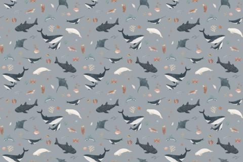 Whales, rays and sea creatures drifting across the wall, here on a soft blue ground. As a true repeat it tiles to fit any wall, whether as an all-over nursery paper or a single feature panel.