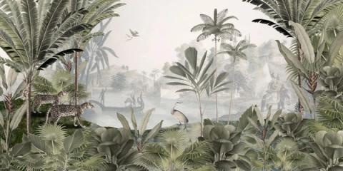 A leopard rests above a wide jungle river, palms and banana leaves closing in on either side and a temple fading into the mist. The soft green wash keeps a large mural feeling calm.