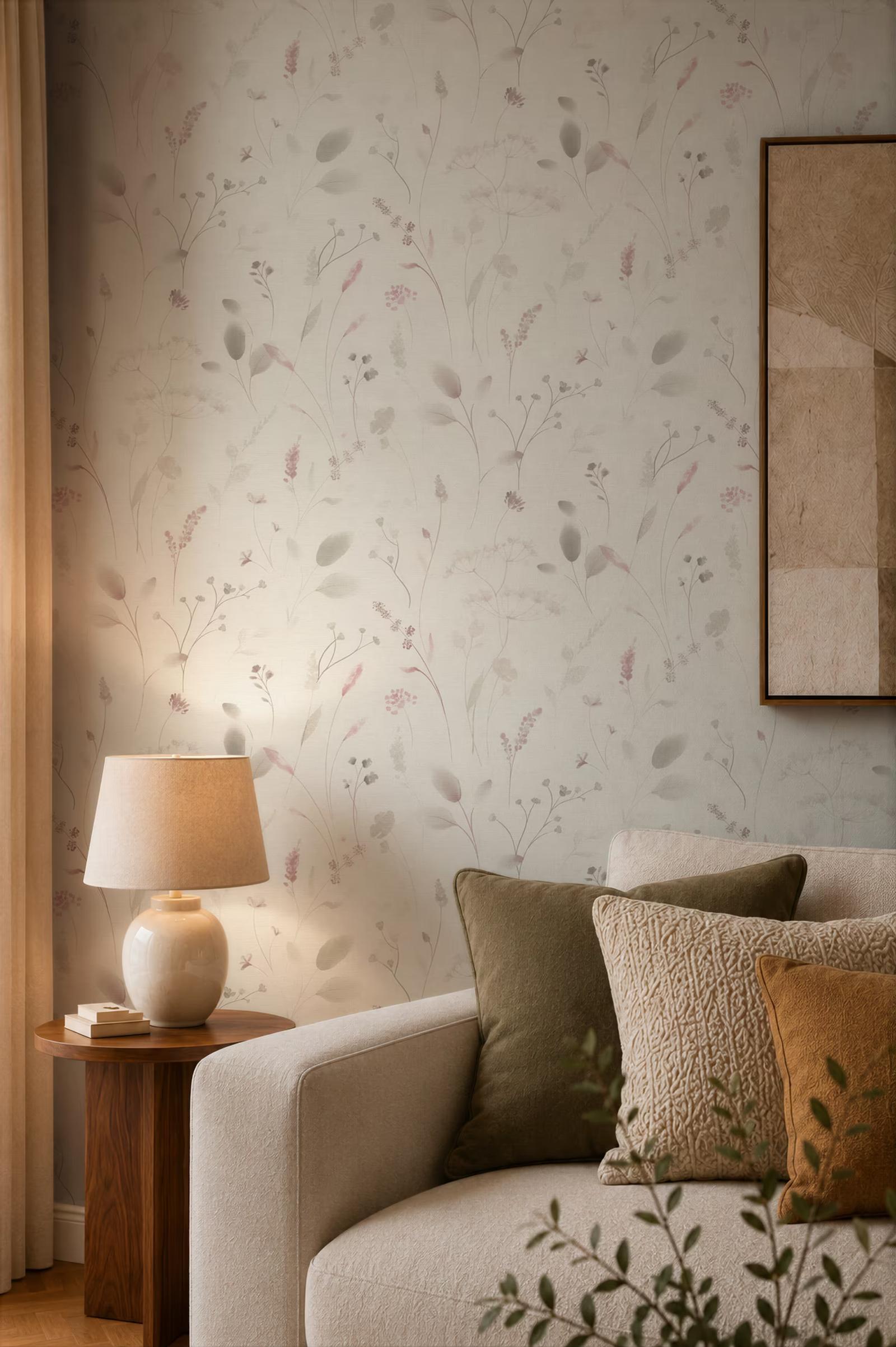 Blush Meadow wallpaper above a sofa with a linen table lamp