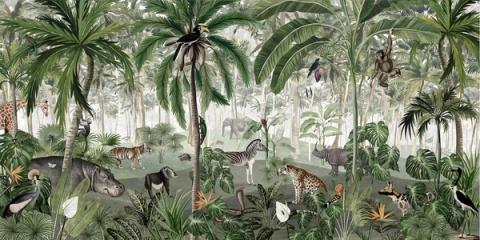 A classic green jungle with elephant, giraffe and tiger among the palms. Detailed and storybook, a friendly safari to grow up with.