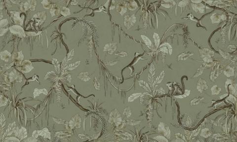 Monkeys swing through hanging vines and palm fronds in a lively all-over design, with flamingos and birds tucked among the leaves. Shown as a single-tone print in sage green. Busy in the best way, with something new to spot each time.