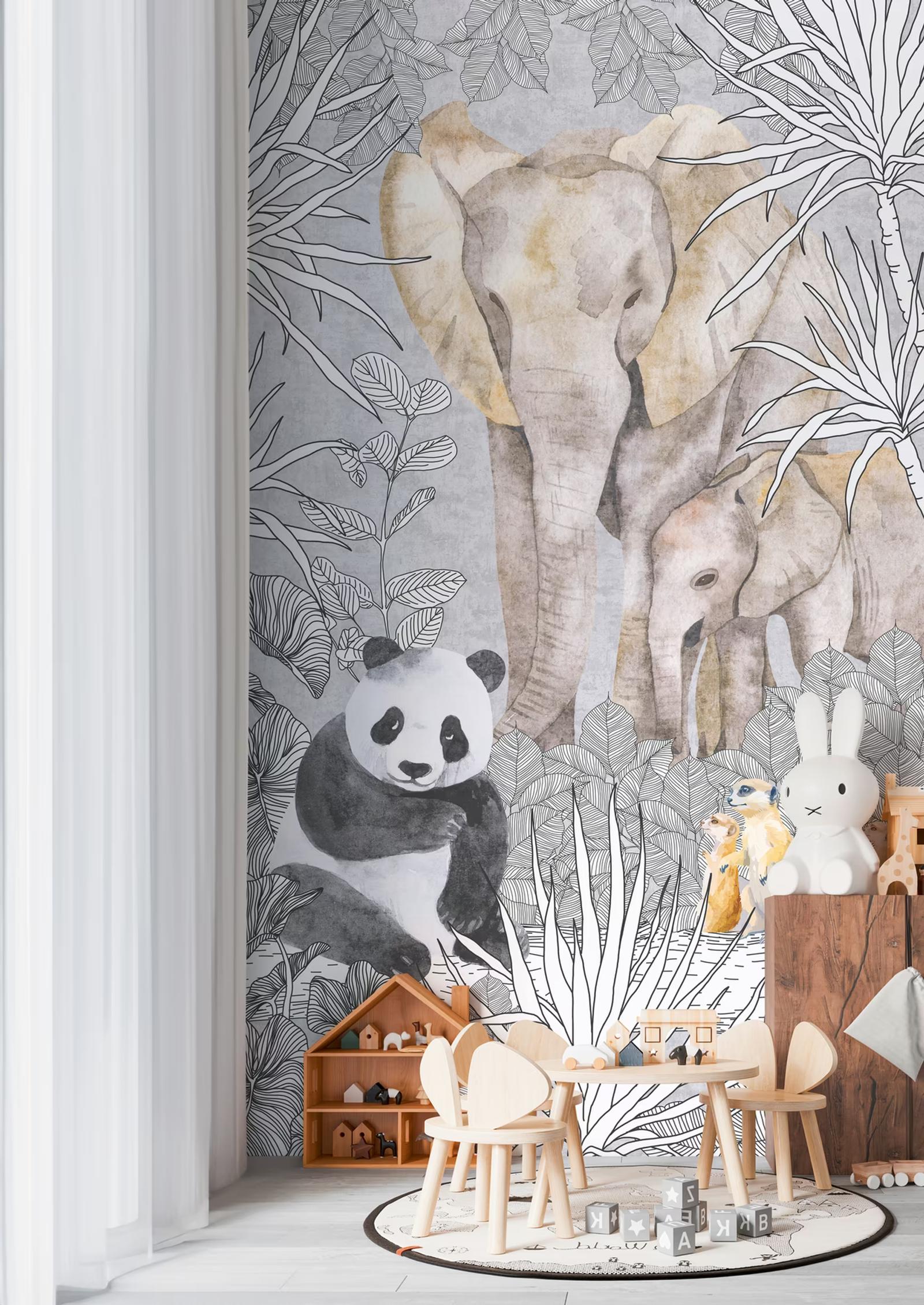 Safari Friends wall panel with elephants and a panda beside a slide