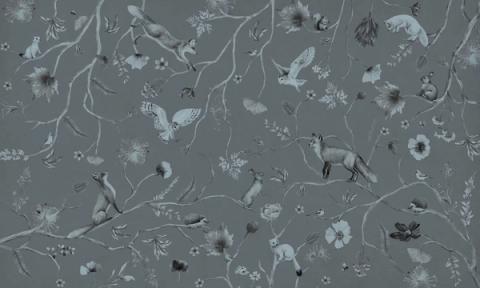 Foxes, owls and little birds scattered among fine branches and wildflowers in a light, hand-drawn all-over design. Shown as a single-tone print in soft blue. Even and delicate across the wall, it dresses a room without crowding it.