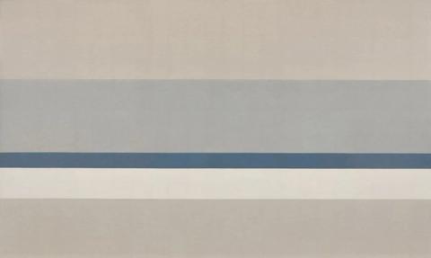 Wide bands of soft taupe and grey settle one above another, broken by a single line of deep blue. It is a quiet, level piece that lends a room stillness rather than asking for attention.