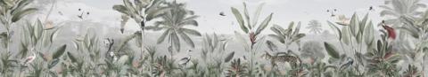 The tropical garden drawn as one long, low band, a little over five times as wide as it is tall. Made for the strip above a headboard or a sideboard, or the run of wall alongside a staircase.