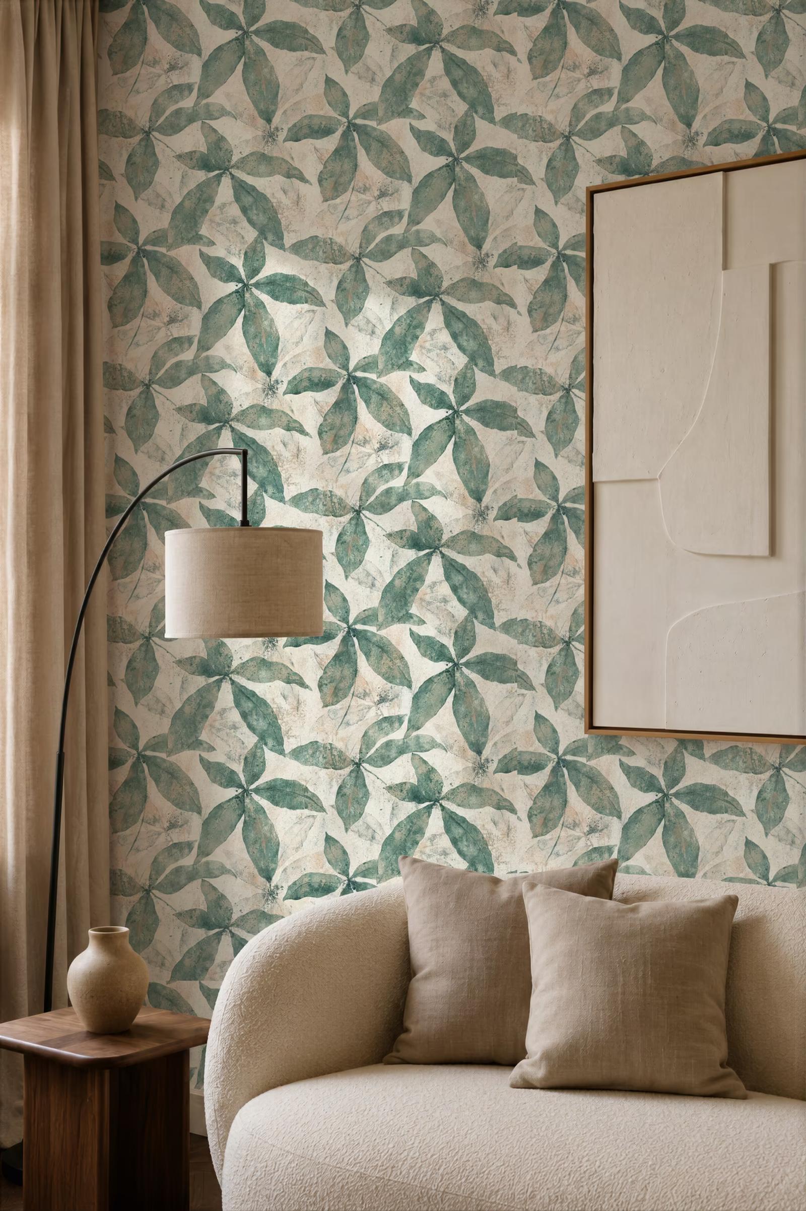 Teal Pressed Leaf wallpaper in a living room with an arc floor lamp