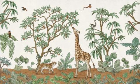 A giraffe reaches into a tree while a leopard rests on a branch, among soft green jungle foliage. Calm and leafy, with the animals settled rather than roaring.