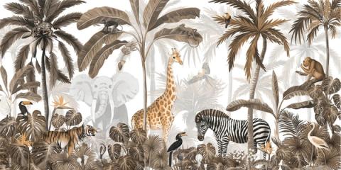 A layered wall of palms and safari animals in warm sepia browns. The single warm palette turns a busy jungle into something soft and unified.