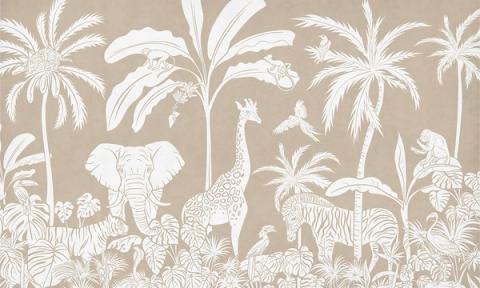 Palms, elephants, giraffes and other jungle animals massed into a tonal silhouette, layered from a darker sky down to a light forest floor. Printed in a single tone of warm brown. Detailed up close, yet soft enough to sit quietly behind a cot.
