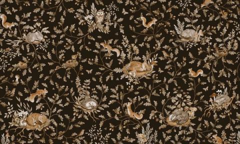Woodland animals — rabbits, foxes and birds — dotted through leaves and berries in a fine all-over pattern. Shown in a softened vintage black palette. Warm and storybook, it is a wall a child grows into.