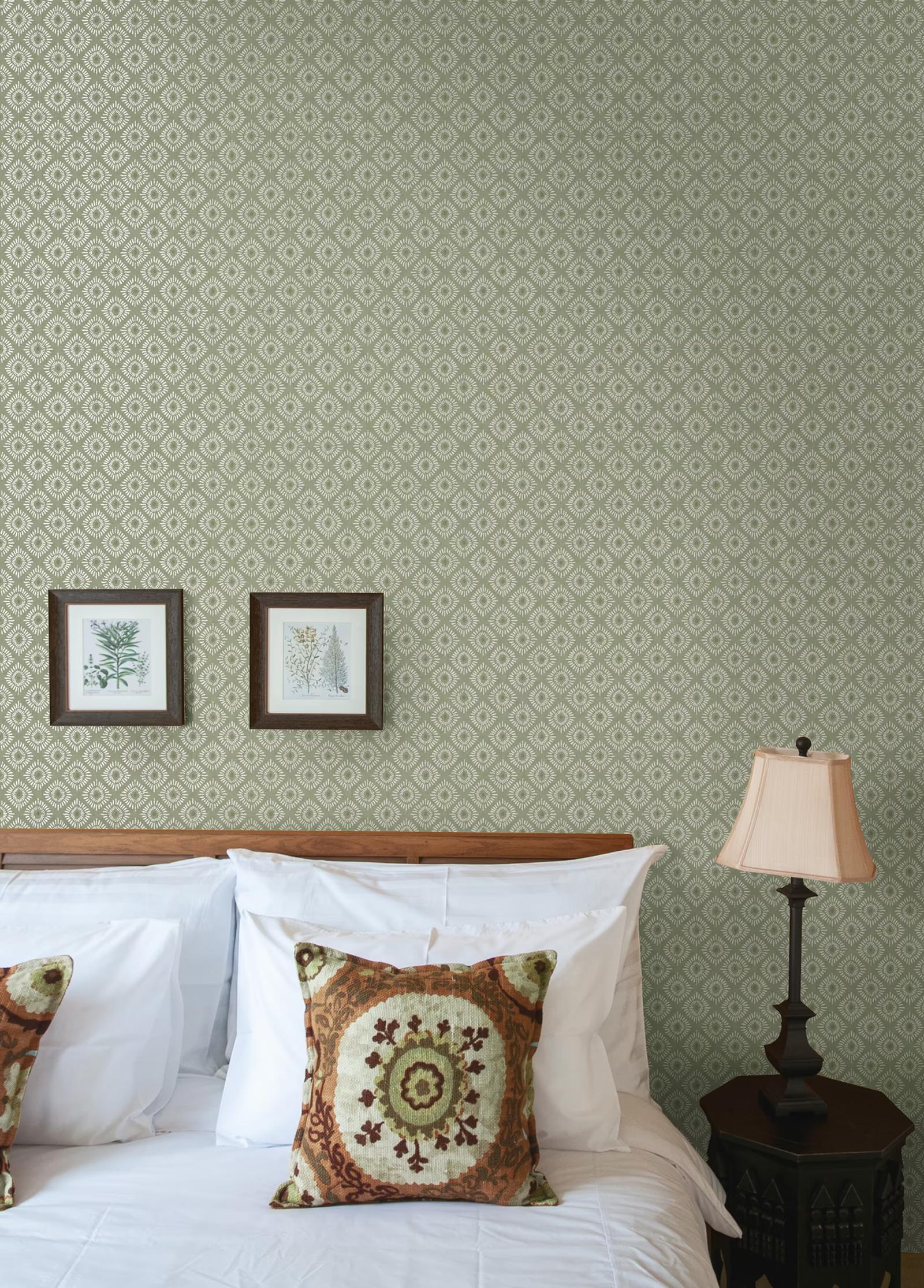 Sunstone Sage geometric wallpaper in a bedroom