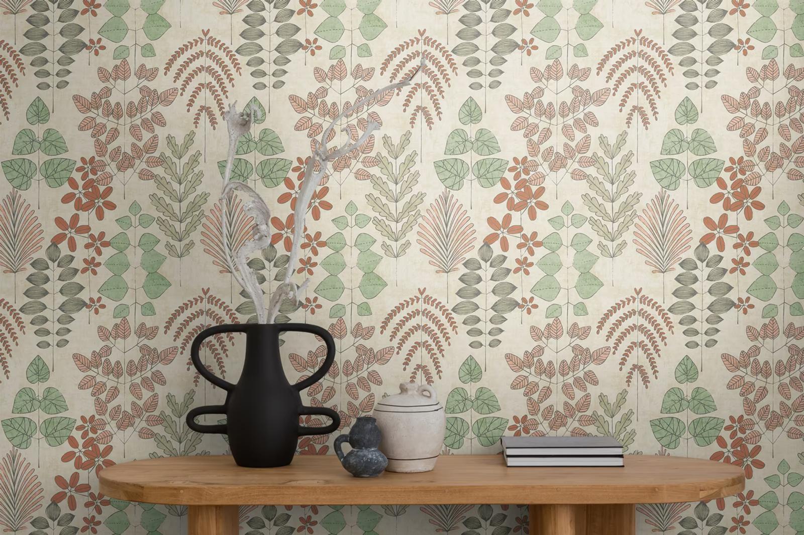Garden Herbarium wallpaper above an oak bench with a black ceramic vase