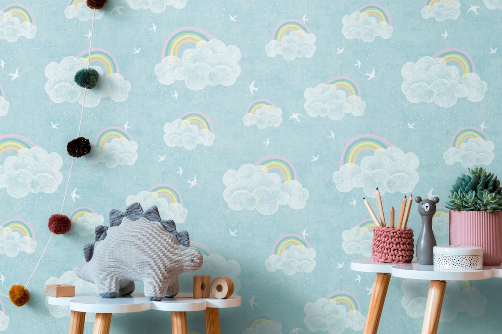 Rainbow Sky wallpaper above a table with a knitted dinosaur