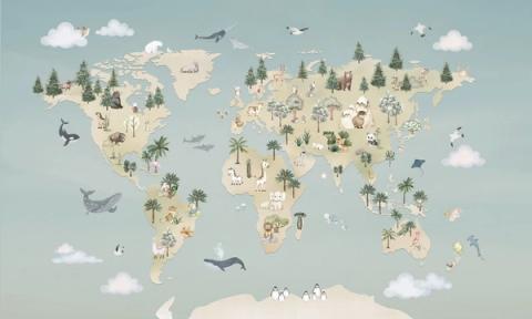 A world map carrying the animals of every continent, from pandas to penguins.
