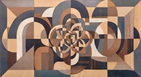 A central rosette anchors arches and blocks in warm apricot, cocoa and navy. The most symmetrical piece here, and the most formal.
