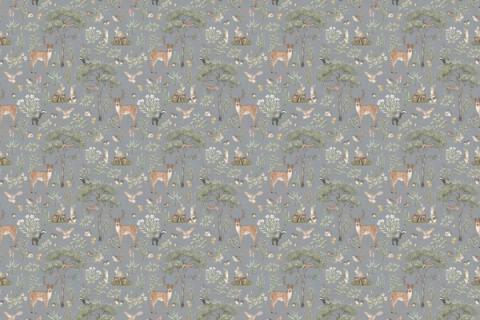 A storybook forest of trees, deer and toadstools drawn close together, here on a soft blue ground. As a true repeat it tiles to fit any wall, whether as an all-over nursery paper or a single feature panel.