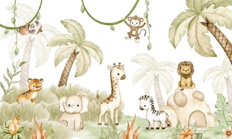 A tiger, elephant, giraffe and lion among palms and hanging vines.