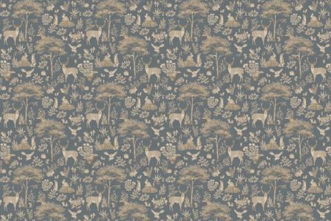 A storybook forest of trees, deer and toadstools drawn close together, here in a vintage blue palette. As a true repeat it tiles to fit any wall, whether as an all-over nursery paper or a single feature panel.