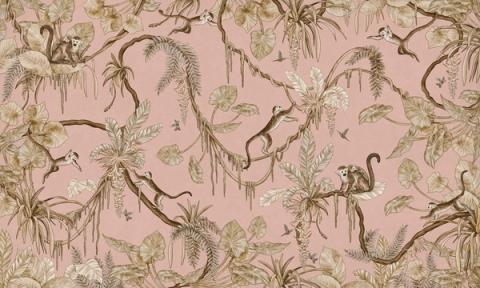 Monkeys swing through hanging vines and palm fronds in a lively all-over design, with flamingos and birds tucked among the leaves. Shown in a softened vintage pink palette. Busy in the best way, with something new to spot each time.