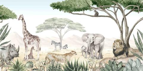Acacia trees and savannah animals layered into a warm, painterly plain. Rich and full, a golden take on the African grasslands.
