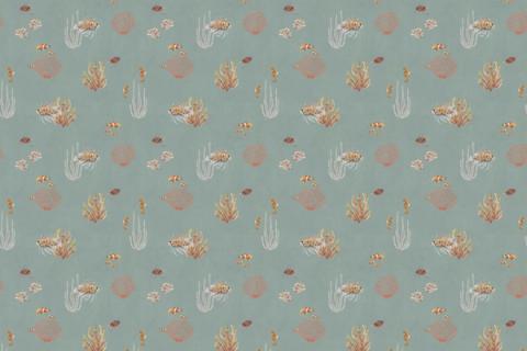 Corals, shells and little fish scattered like a pressed-seaweed study, here on a soft blue ground. As a true repeat it tiles to fit any wall, whether as an all-over nursery paper or a single feature panel.