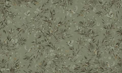Robins and other small birds rest among ferns and slender foliage, drawn as a soft repeating spray. Shown as a single-tone print in sage green. Gentle and green, it suits a nursery that leans natural rather than bright.