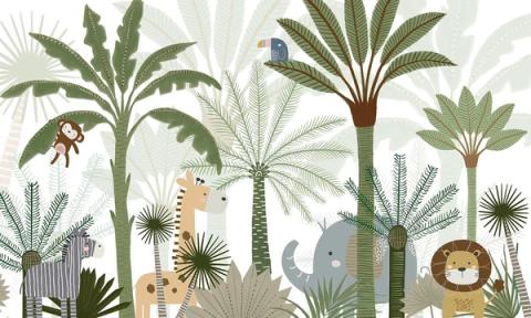 A graphic jungle of palms and fronds with a lion, giraffe, elephant and monkey.