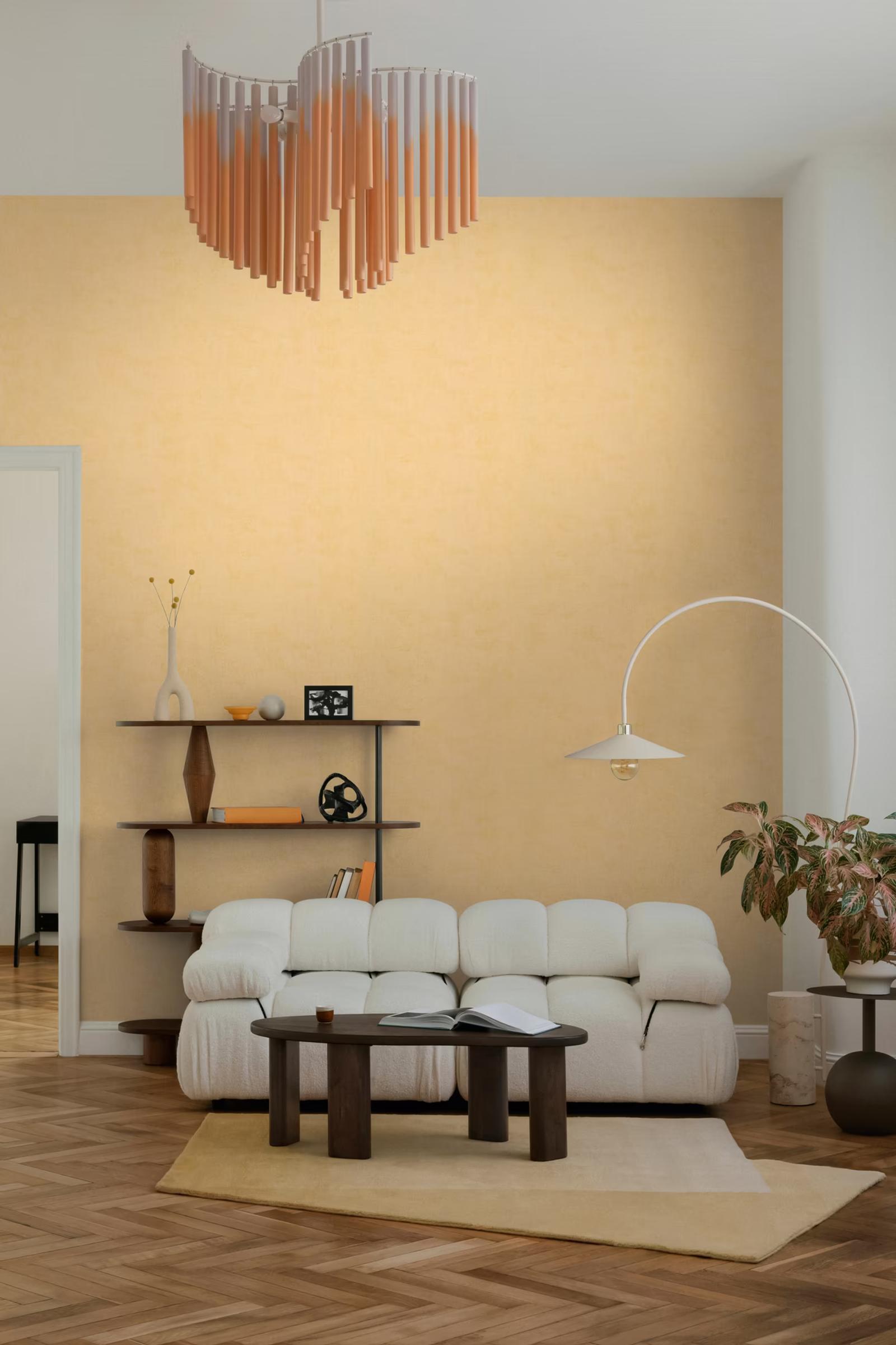 Yellow Weave wallpaper in a living room with a white modular sofa