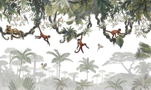 Monkeys swing and dangle from vines along the top of the wall, above a soft, misty jungle. Playful up high, calm below — easy to live with in a child's room.
