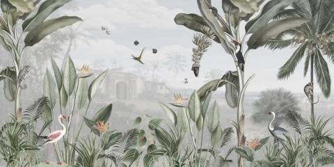 A tropical garden in soft greens and greys — banana leaves, palms and bird of paradise, with a flamingo and a crane by a distant pavilion. The colours stay gentle enough to read as a backdrop rather than a picture.