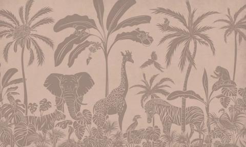 Palms, elephants, giraffes and other jungle animals massed into a tonal silhouette, layered from a darker sky down to a light forest floor. Printed in a muted, vintage pink. Detailed up close, yet soft enough to sit quietly behind a cot.