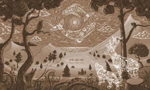Ornate line-drawn deer and wolf beneath a celestial sun over red canyon country.
