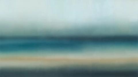 Sea green softens into cream and a faint blush pink along a blurred horizon. Fresh and light, it suits a bedroom or a bathroom wall.