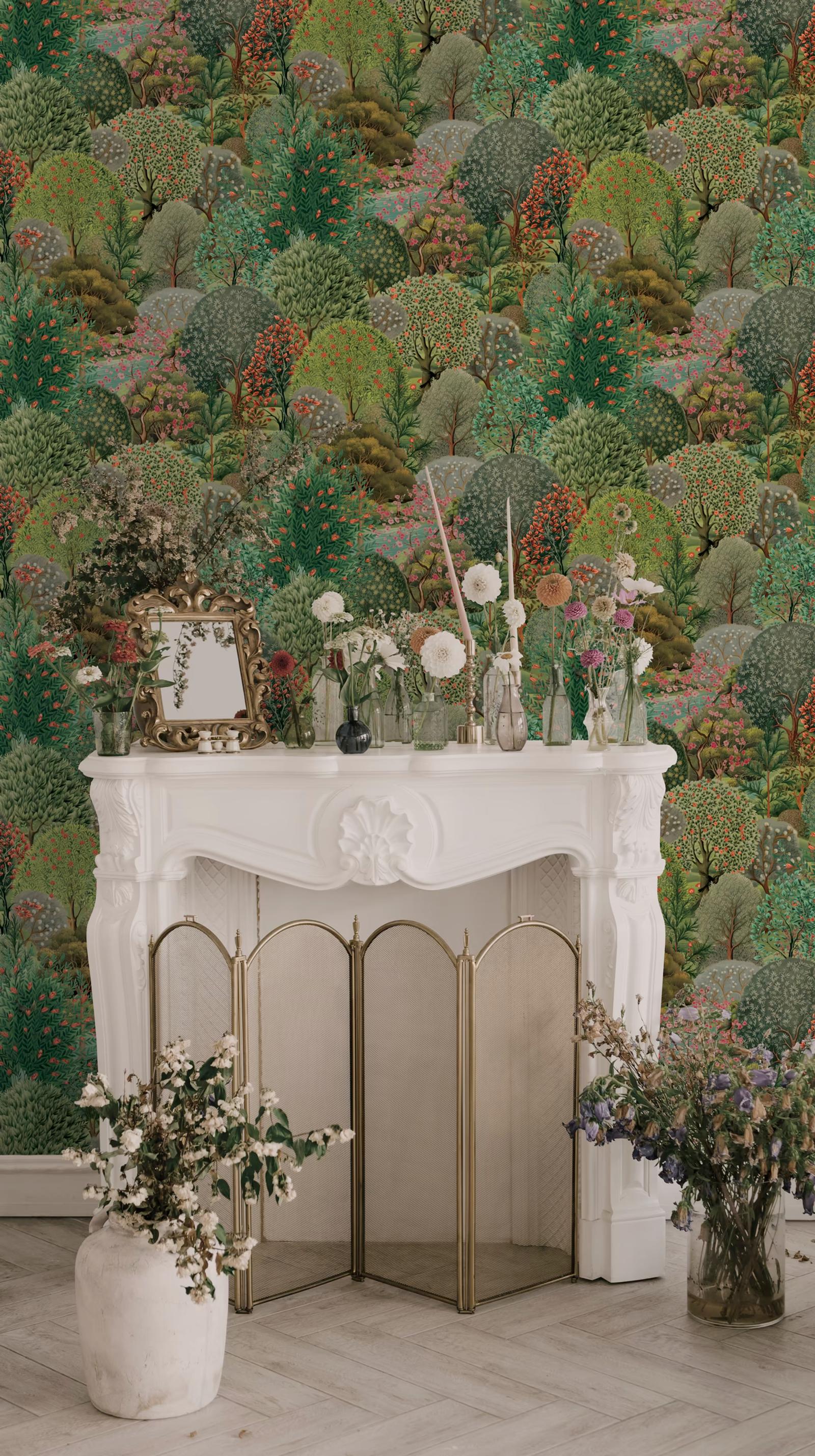 Arboretum Green forest wallpaper behind a white fireplace