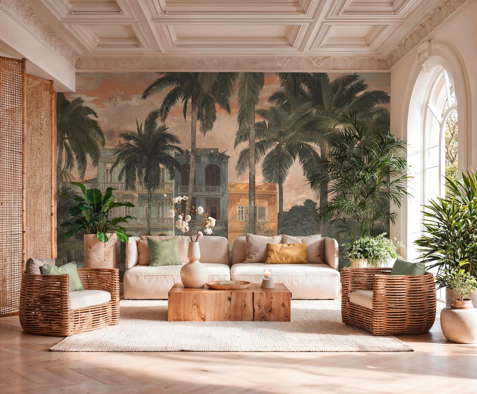 Havana Street wall panel — palms and colonial façades — in a high-ceilinged living room