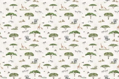 Acacia trees, giraffes and savannah animals in a warm scene, here on a clean white ground. As a true repeat it tiles to fit any wall, whether as an all-over nursery paper or a single feature panel.