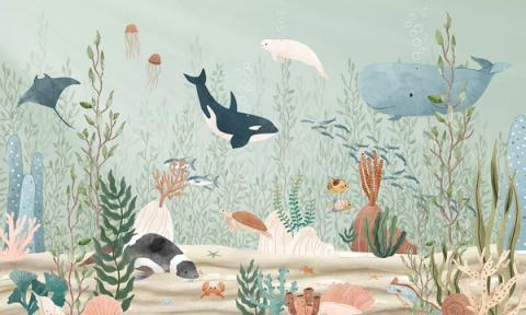 Whales, an orca and a turtle glide through kelp and coral over a soft sage seabed.