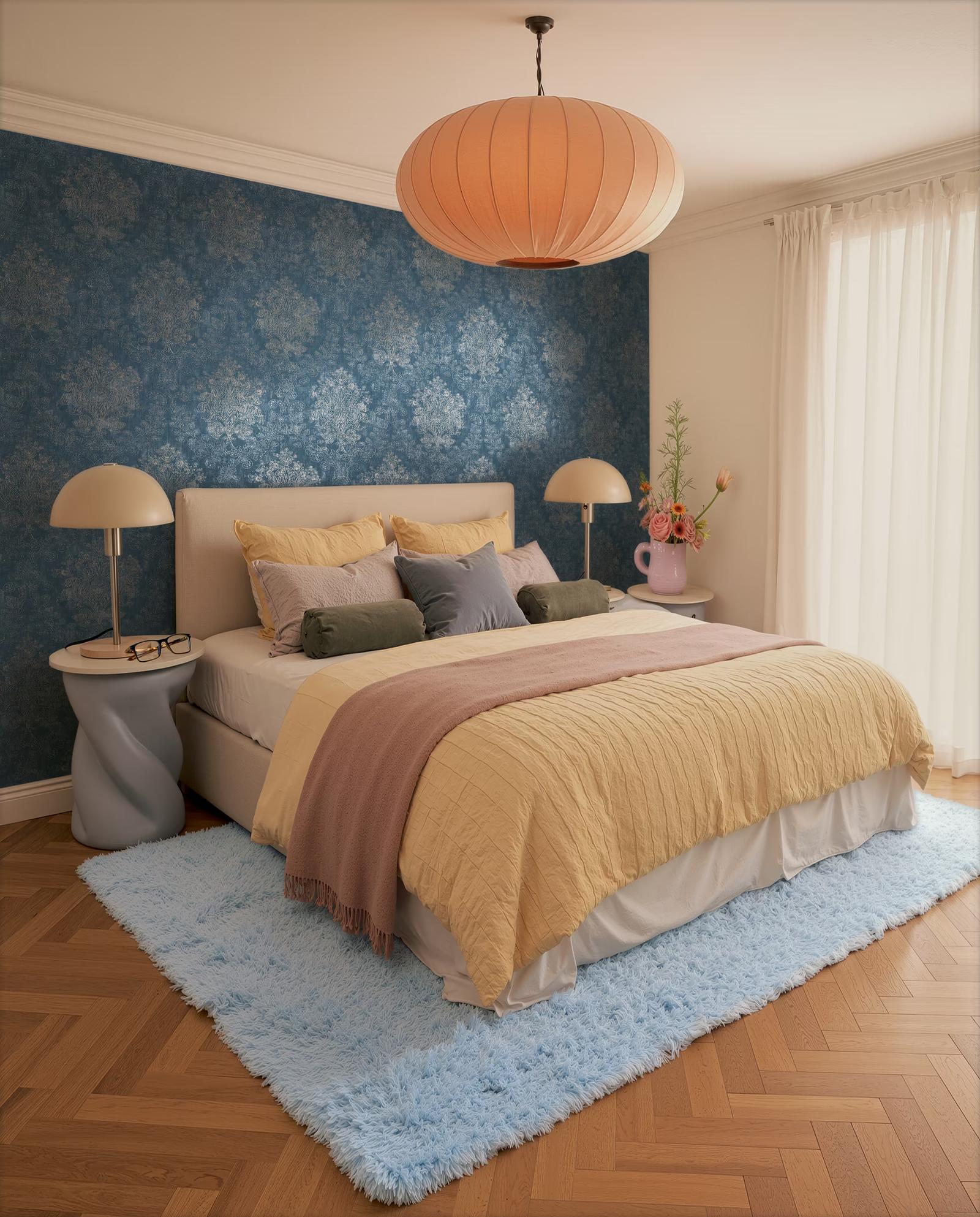 Blue Baroque damask wallpaper in a bedroom with a paper pendant