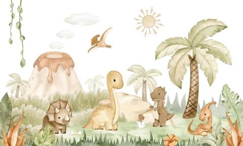 Baby dinosaurs among palms and ferns beneath a gentle volcano.