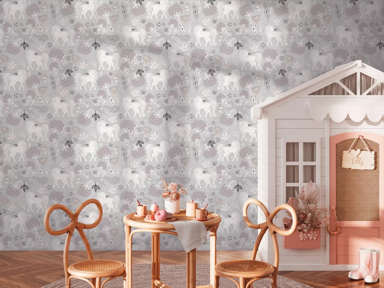 Unicorn Meadow wallpaper beside a dolls' house and tea table