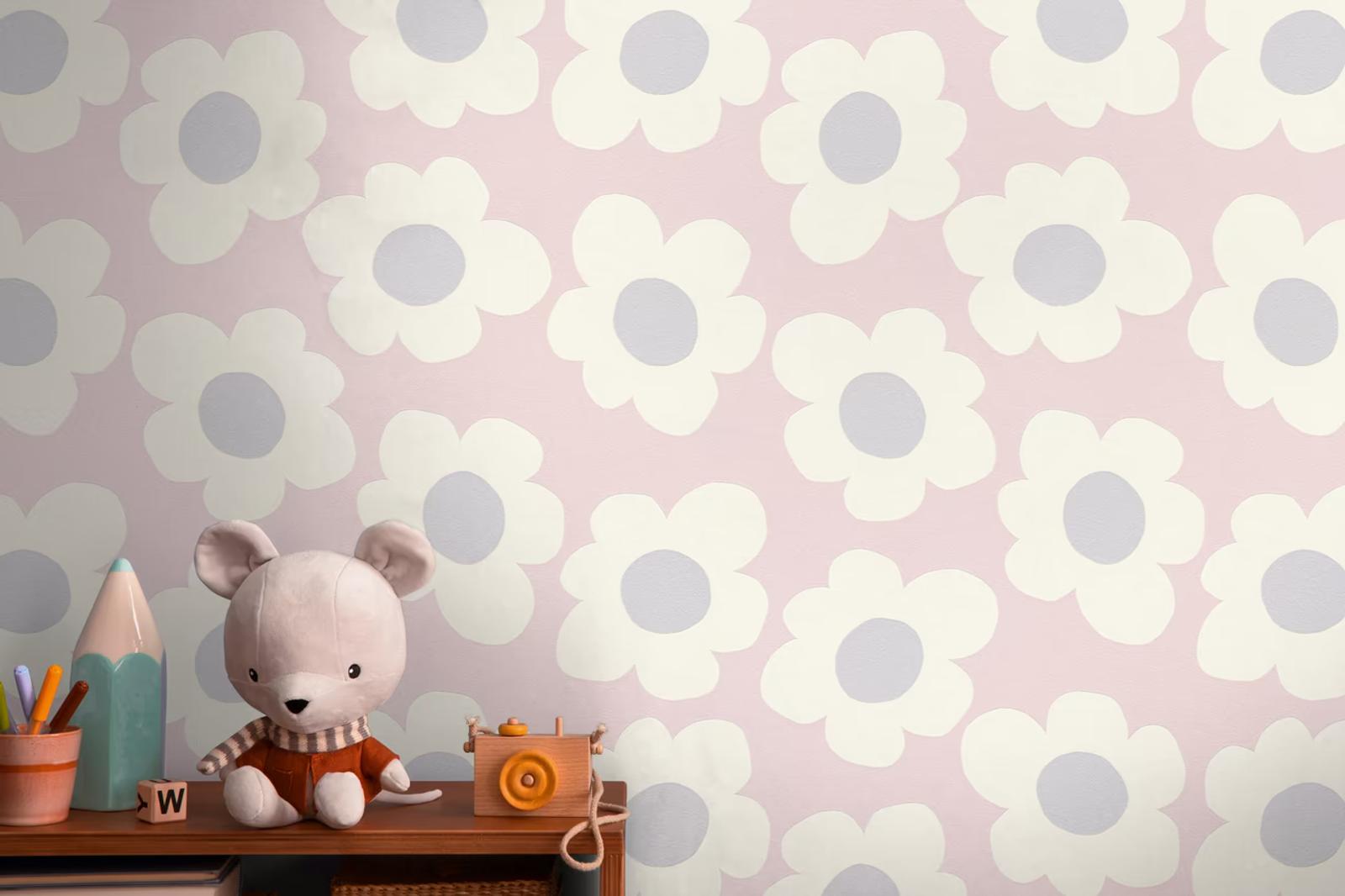 Pink Daisy wallpaper in a nursery with a toy mouse and camera